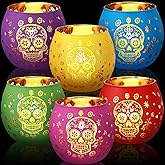 Jingmore 6 Pcs Sugar Skull Votive Candle Holders, Multicolor | Sugar Skull Design, Holds Flameless Candles Tea Lights, Day of Dead Halloween Party Decor, Colorful for Table Centerpiece