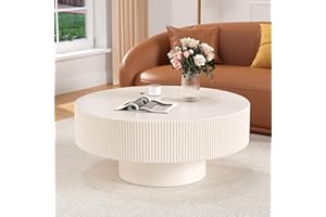 Round Drum Coffee Tables Modern Fluted Wood Tea Table, Contemporary Center Table for Living Room(Off White 30.9in)