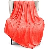 Exclusivo Mezcla Fleece Throw XL Blanket for Couch, Sofa, Super Soft and Warm Coral Orange Blankets, All Season, Cozy, Plush, Lightweight, 50x70 Inches
