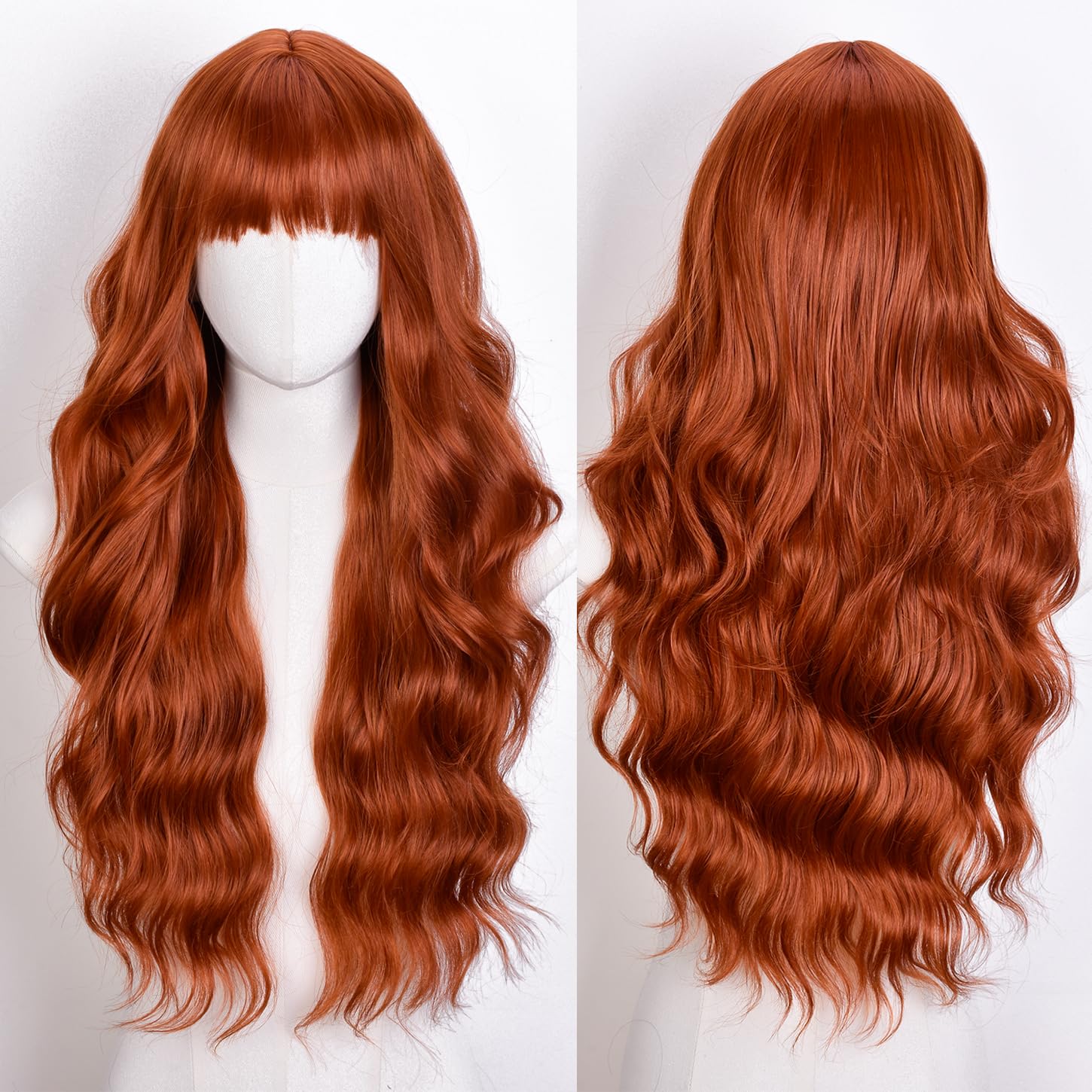 CoCrowns Wig with Bangs Long Wavy Wigs for Women Long Curly Synthetic Wig for Party Daily Use (Ginger)