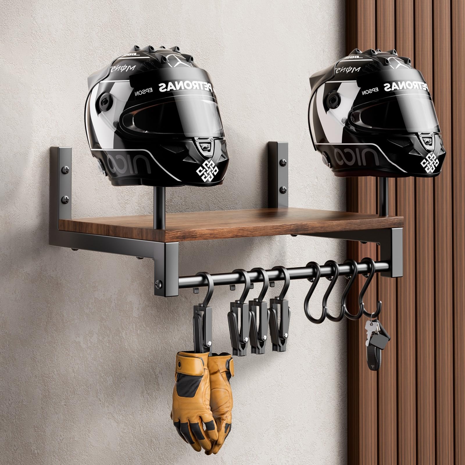 Photo 1 of DUXINN Helmet Rack Wall Mount, Solid Wood Motorcycle Helmet Holder with 4 Hooks & 4 Clips, Waterproof Easy Install Motorcycle Accessories for Gear Storage