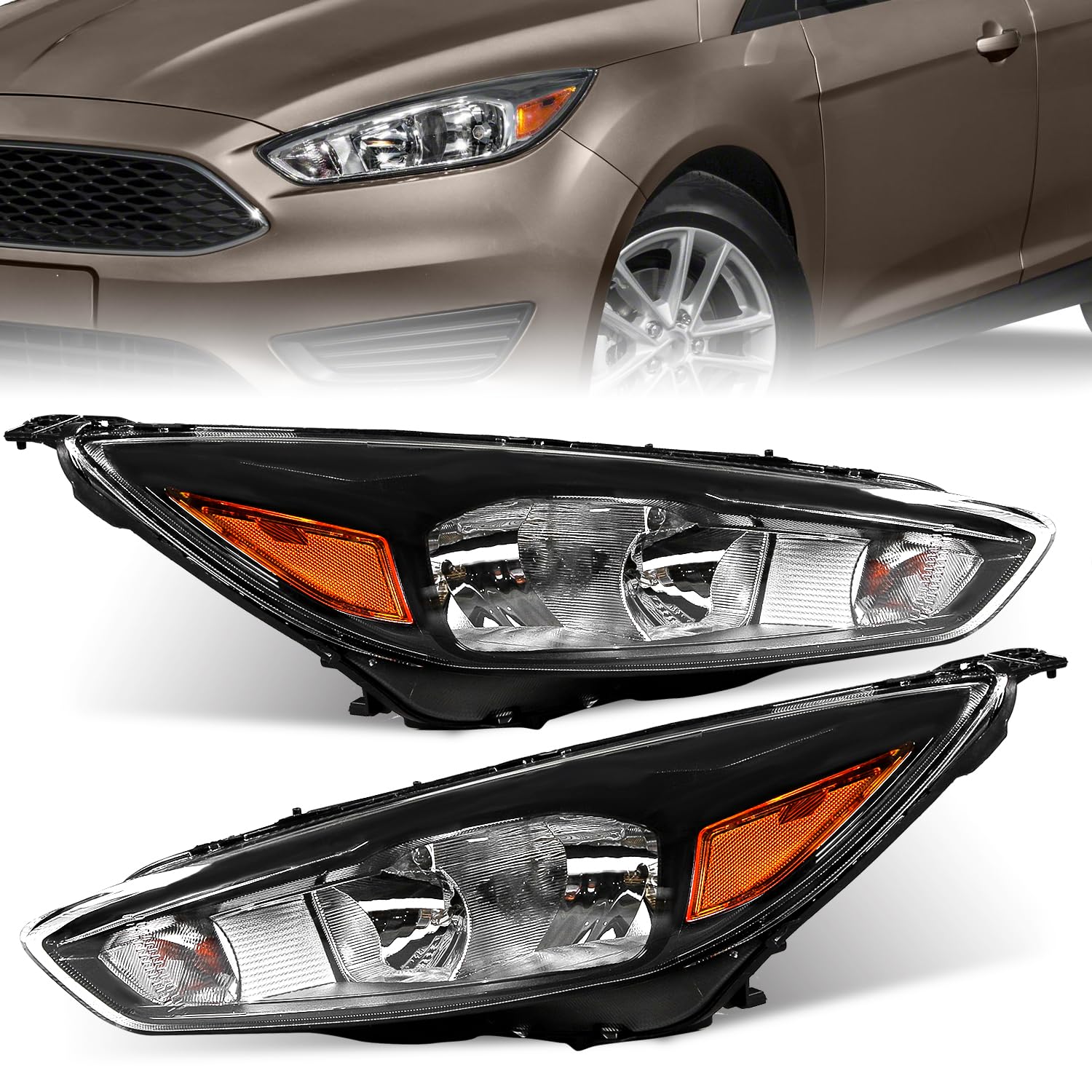 Photo 1 of Peforway Halogen Headlights Assembly Fit for Ford Focus S/SE/ST 2015-2018 Replacement Headlamps Driver and Passenger Side Black Housing Amber Reflector