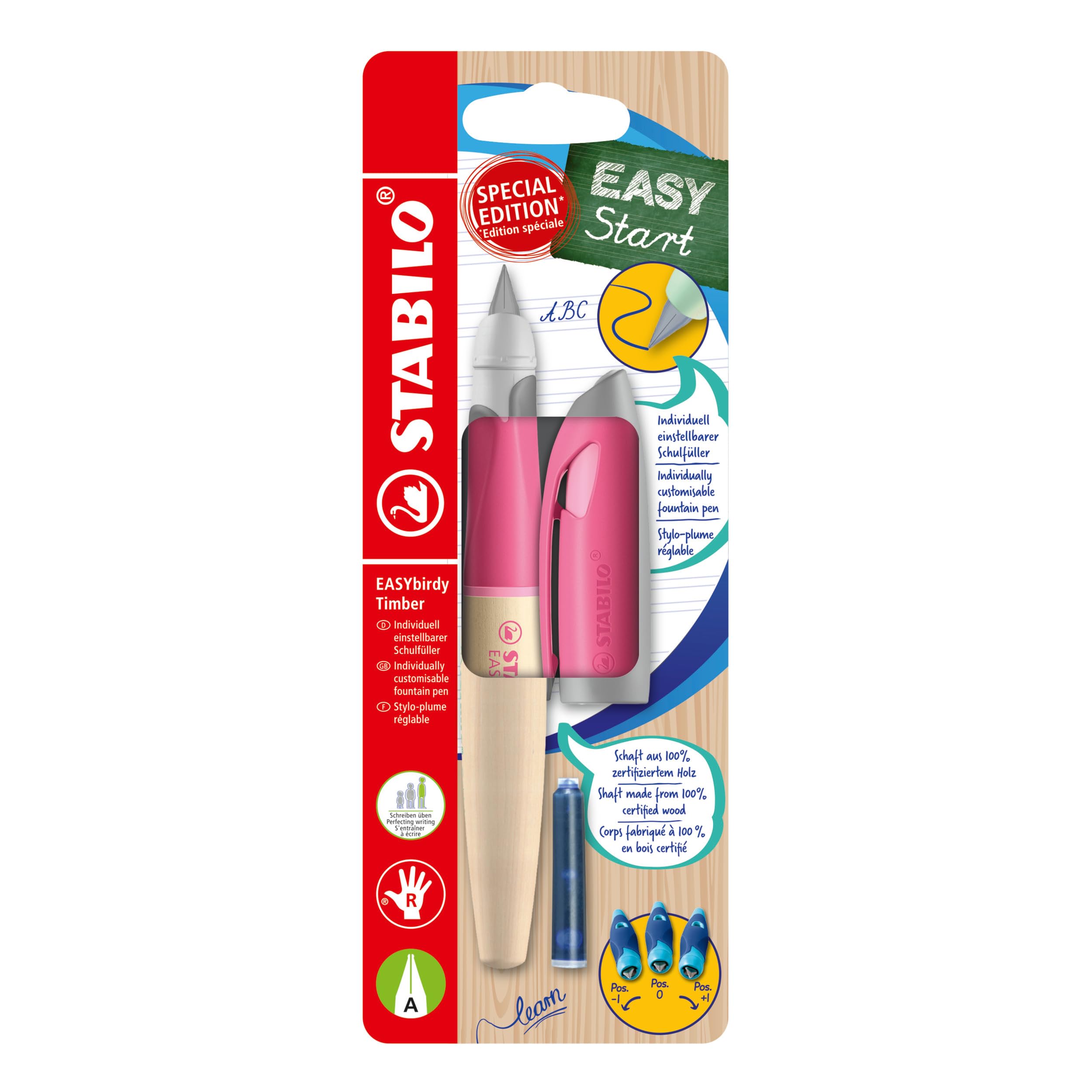 STABILO Ergonomic School Fountain Pen EASYbirdy Timber - A-Nib (Beginner) - Right-Handed - Pack of 1 - Pink with Erasable Blue Ink (Inc. Cartridge)