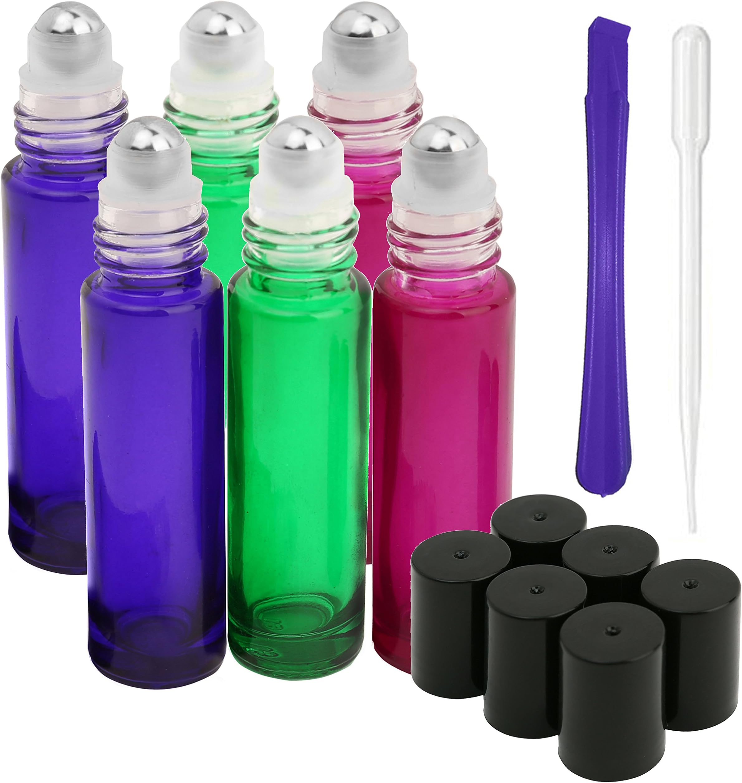 10ml Glass Roller on Bottles with Stainless Steel Roller Ball 6pcs- Refillable Essential Oil Roller Bottles with Lid Opener Pry Tool & 1 Transfer Pipettes, Great for Aromatherapy, by JamHooDirect
