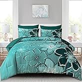Anibedding 7Pieces Dark Green Floral Comforter Set Queen Size, Soft Microfiber Green Bed in a Bag Comforter Set with Sheets for All Season