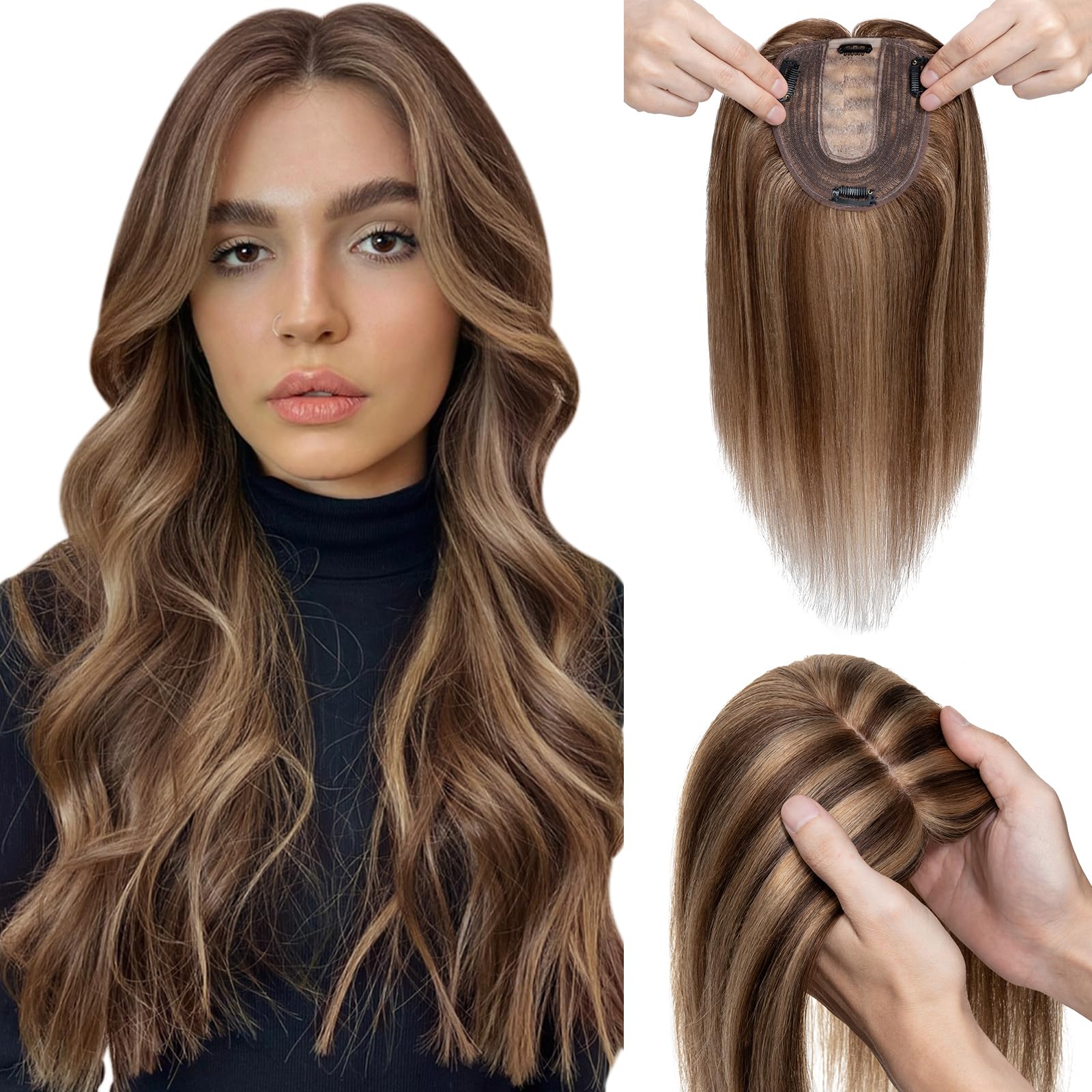 Elailite Human Hair Toppers For Women uk Thinning Hair Real Hair SILK BASE - Clip in Toupee Extensions Crown HairPiece (#4/27 Medium Brown Mix Dark Blonde, 14 Inch) — image 1