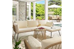 YITAHOME 3 Pieces Patio Furniture Set, Outdoor Wicker Conversation Sectional L-Shaped Sofa with 4 Seater for Backyard, Porch, Boho Detachable Lounger with Cushions and Coffee Table - Beige