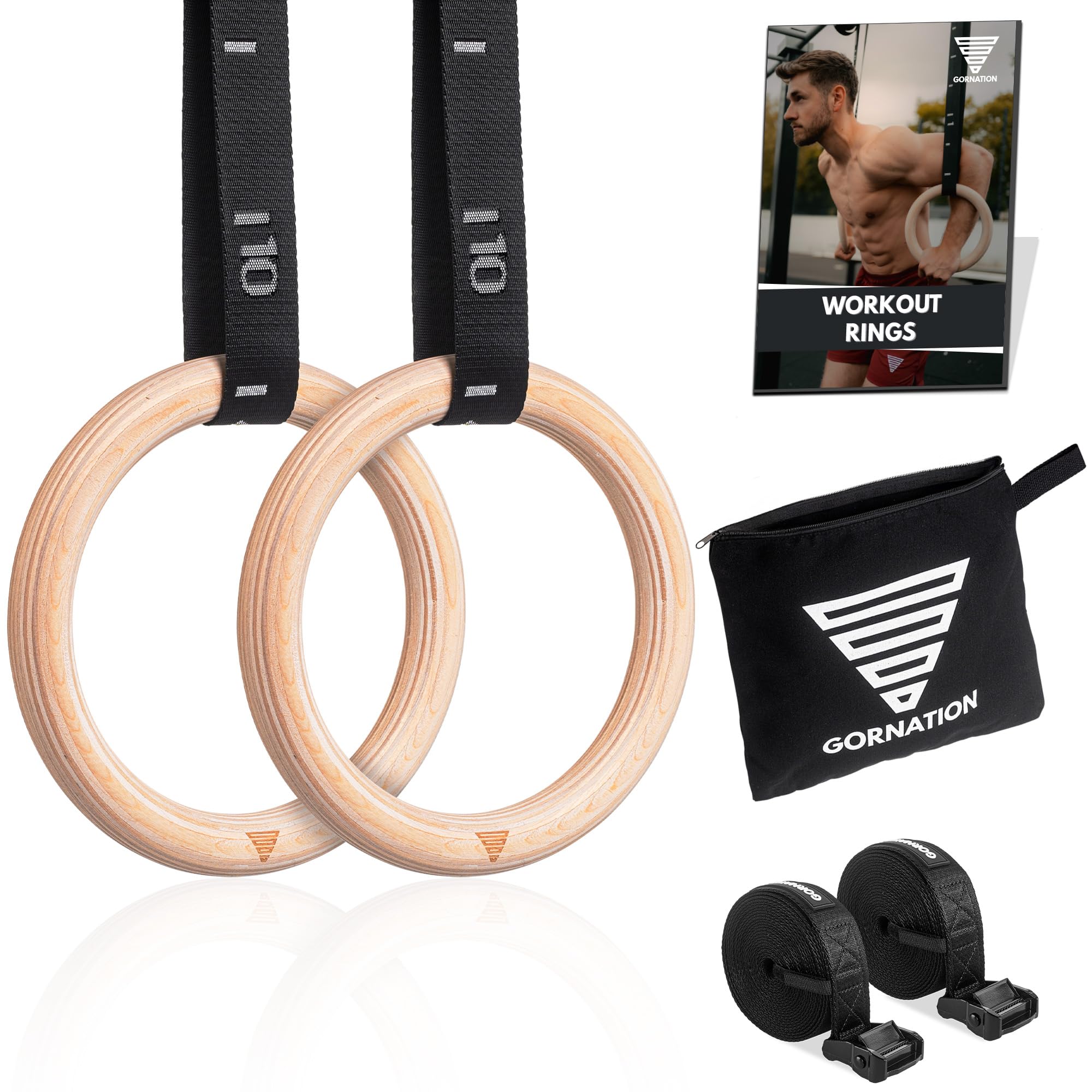GORNATION Wooden Gym Rings, Premium Calisthenics & Fitness Equipment for Indoor, Outdoor & Gym Workouts, Adjustable Straps for Muscle-Ups, Pull-Ups & More
