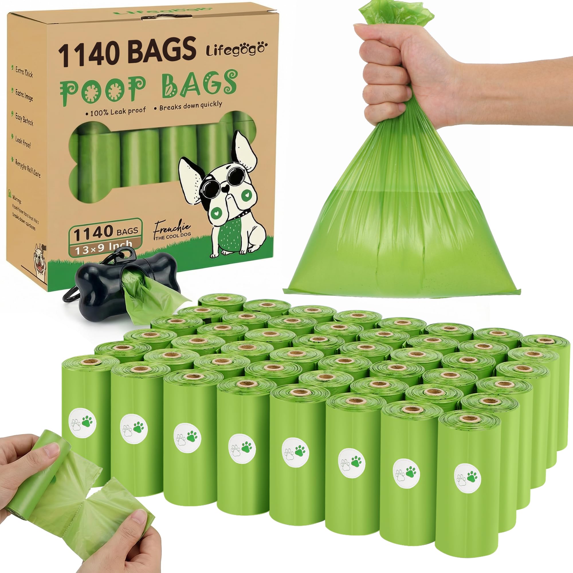 Poo Bags - 1140 Counts Unscented Extra Thick Strong Leak Proof Dog Waste Bags with Dispenser, Green - 57 Rolls (13 x 9 Inches)