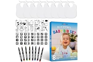 KOOL KRAFTS DIY Baby Bibs Set, 2 Ply Knit Terry Solid White Feeder Bibs, Kit Includes, 8 Bibs, 8 Fabric Markers, 8 Stencils, Baby Gifts Registry For Baby, Gender Reveal, Gift for Baby Party, Baby Shower Game,