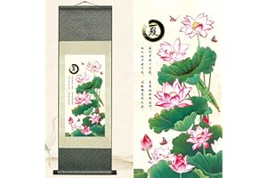 Newscz Asian Wall Art for Living Room Chinoiserie Decor Vertical Wall Scroll Silk Scroll Painting Art Poster Four Seasons Painting - Summer Oriental Decor Art Mural Ready to Hanger 36 x 12 in