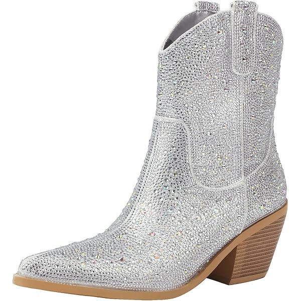 Botas Vaqueras Brillantes Con Diamantes De Imitación - Altas Hasta El Muslo, Cremallera Lateral, Tacón Grueso