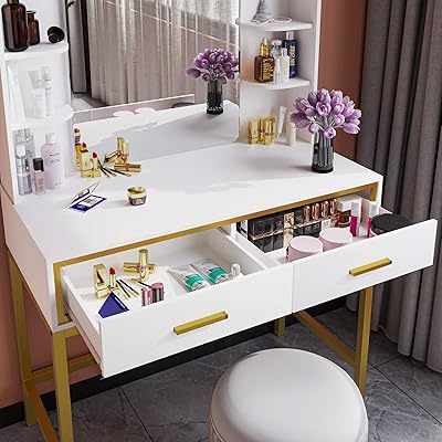 Buy Tiptiper Makeup Vanity Table With Large Mirror Makeup Table Dressing Table With Storage Shelves And 2 Drawers Vanity Desk For Women Girls Gold And White Online In Indonesia B08ty9t81d