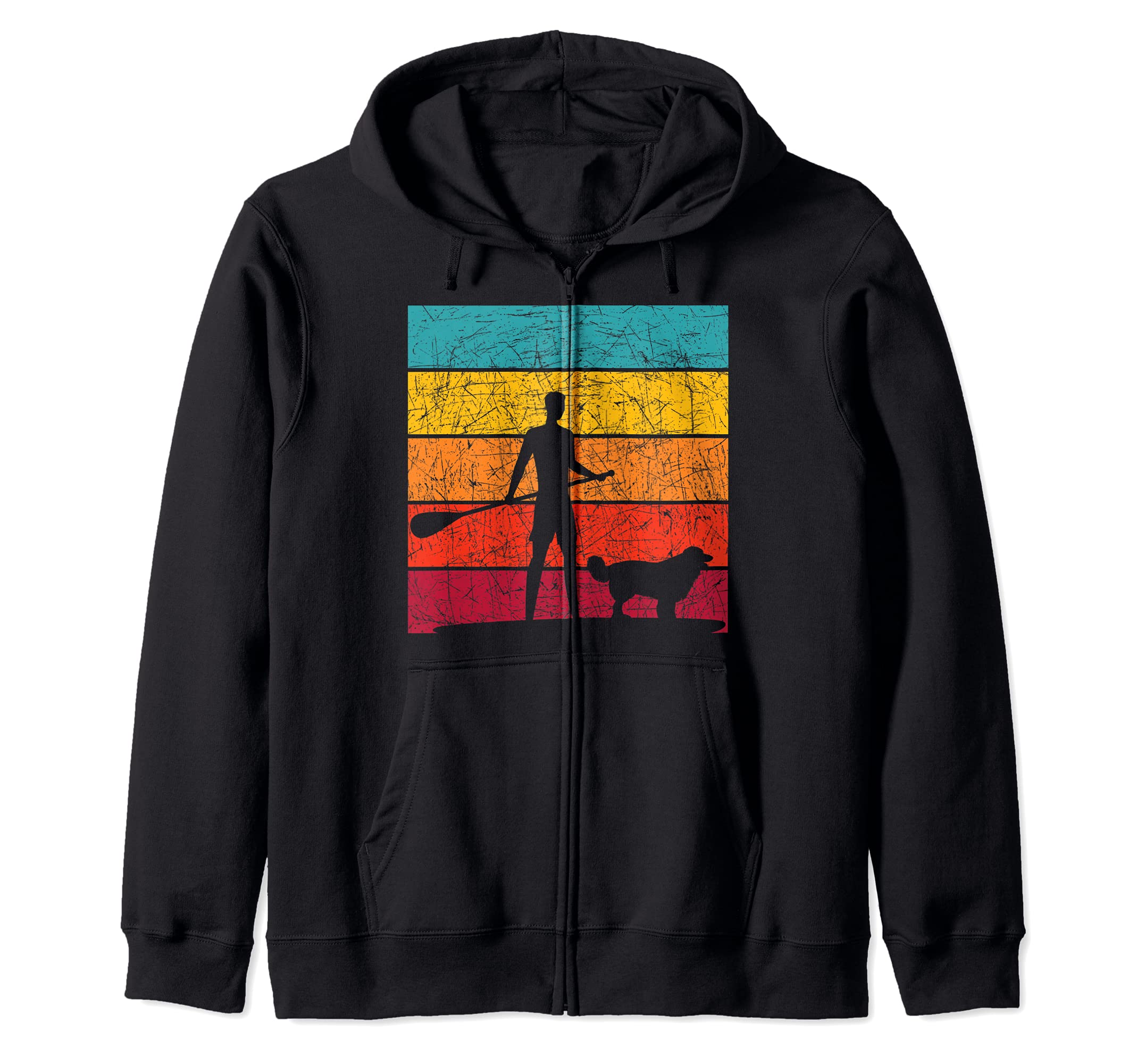 Animal Pet Dog Paddleboarder Stand Up Paddling Retro SUP Zip Hoodie