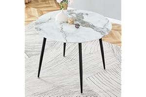 NEWPEAS 40'' Round Glass Dining Table for 4 People with 0.3'' White Imitation Marble Tempered Glass Desktop, Modern Dining Table with 4 Metal Legs for Dining Room Kitchen Living Room.