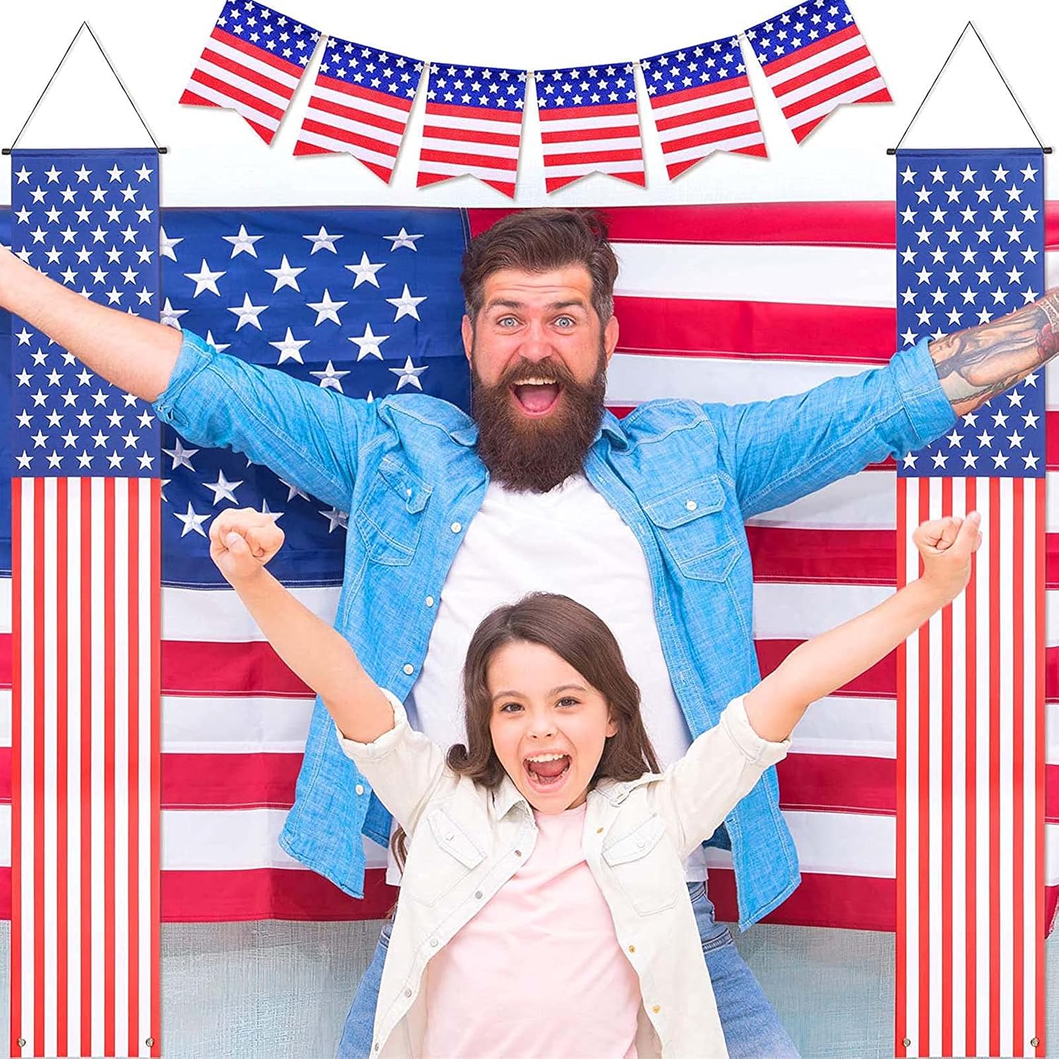 4th of July Decorations Outdoor Hanging American Flag Banners (2 Pcs)