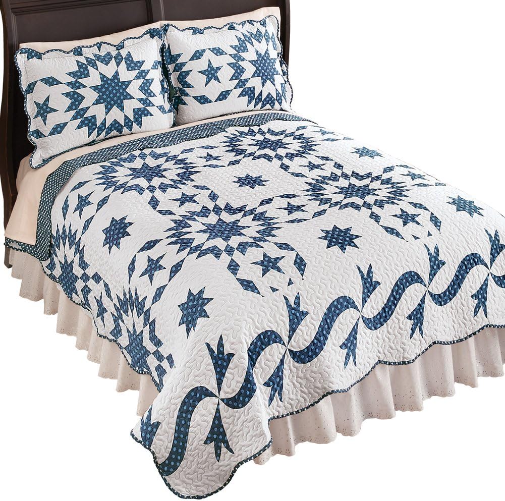 Collections Etc Samantha Patch Starburst Blue White Reversible Lightweight Quilt, Navy, Full/Queen