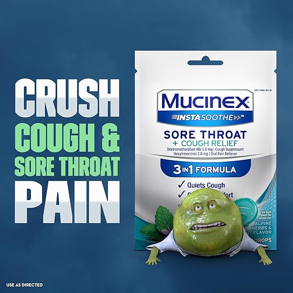 MUCINEX INSTASOOTHE SORE THROAT + COUGH RELIEF ALPINE HERBS & MINT FLAVOR, FAST ACTING, COOLING COMFORT, POWERFUL SORE THROAT ORAL PAIN RELIEVER, 40 MEDICATED DROPS
