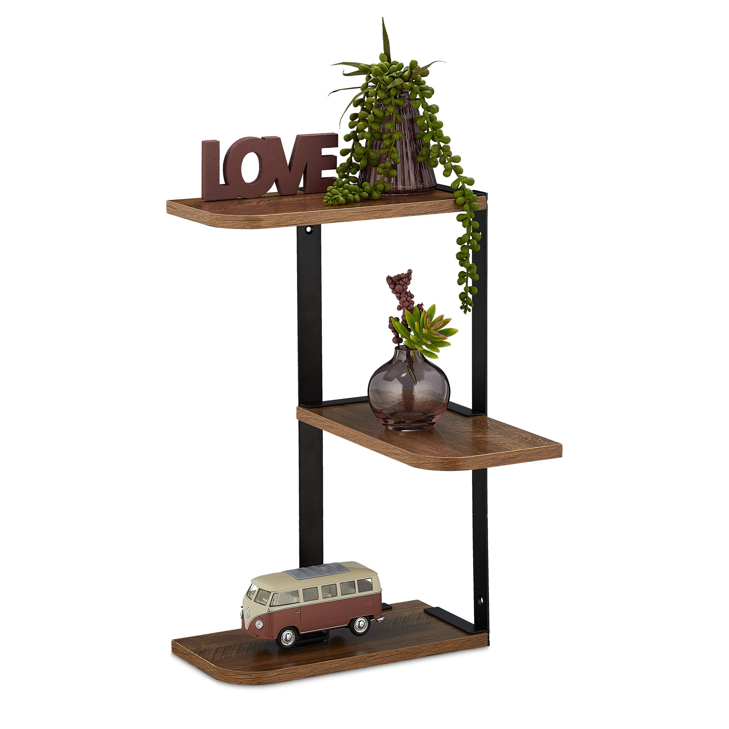 Relaxdays Wall-Mounted Corner Shelf, 3 Tiers, HWD: 42.5 x 26.5 x 26.5 cm, Living Room, Kitchen, MDF, Metal, Brown/Black, Fibreboard