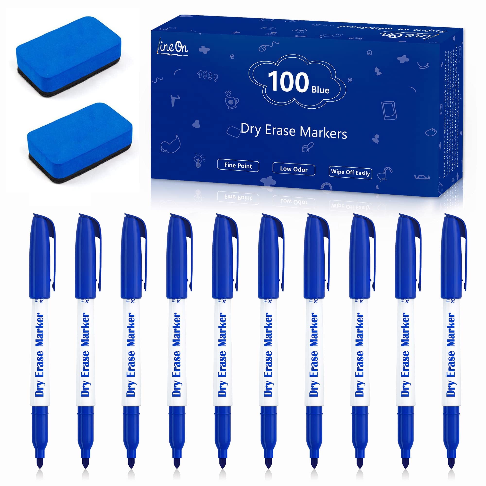 Dry Erase Markers, Lineon 100 Bluk Pack Blue Whiteboard Markers with 2 Eraser, Fine Point Dry Erase Markers Perfect For Writing on Whiteboards, Dry-Erase Boards,Mirrors for School Office Home