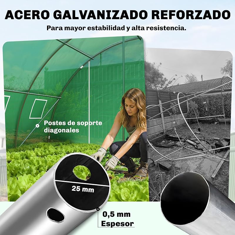 Estufa exterior 6x4x2 m com 2 varas de suporte verdes