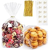 Cherodada Clear Cellophane Treat Bags with Ties, 6"x 9" (100 pcs) Bottom Gusset Bags for Gift Wrapping, Party Favors, Candies, Cookies, Chocolates, Popcorn