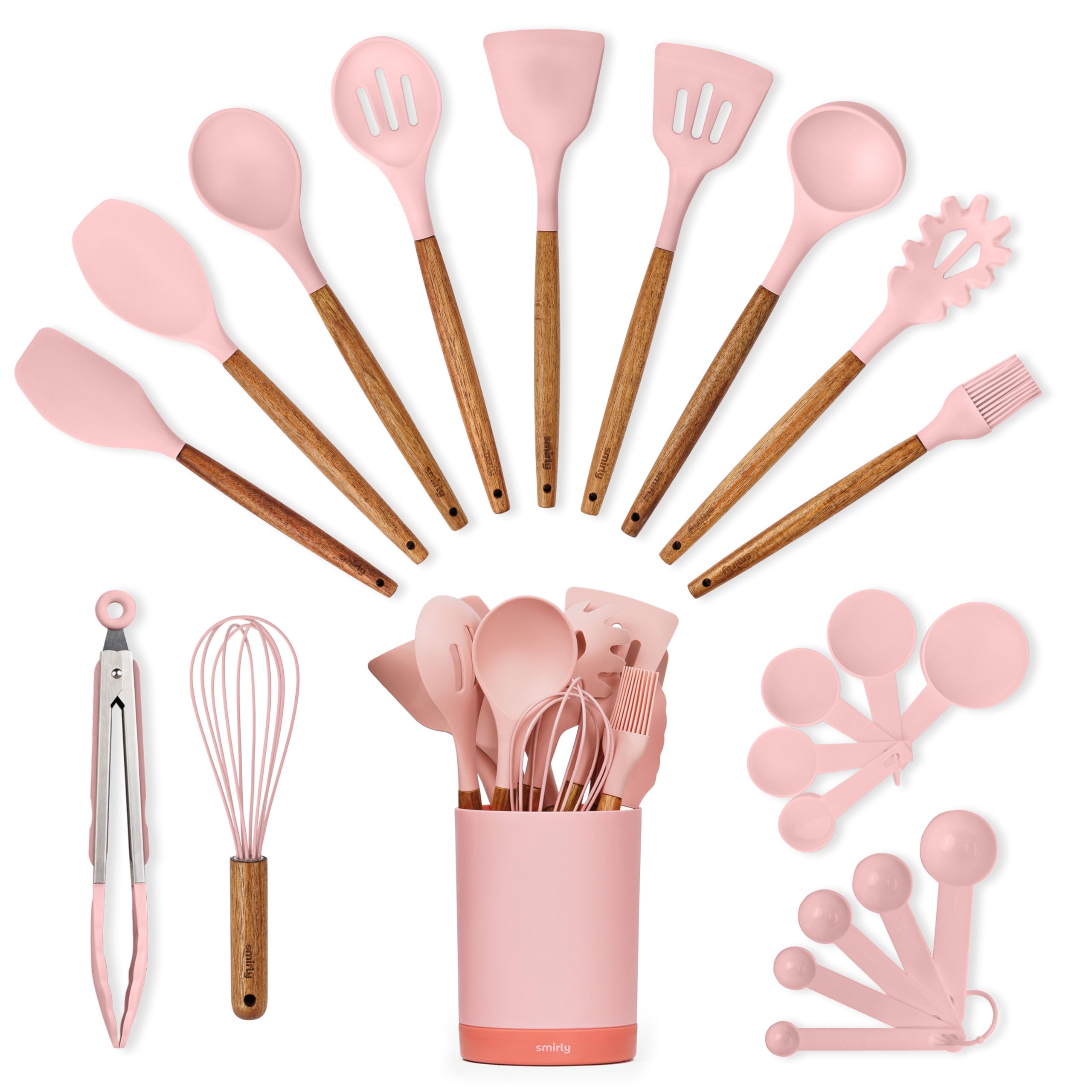 Photo 1 of Silicone Kitchen Utensils Set & Holder: Cooking Utensils Set - Kitchen Essentials for New Home & 1st Apartment- Silicone Spatula Set, Cooking Spoons for Nonstick Cookware (Acacia Wood, Pink)