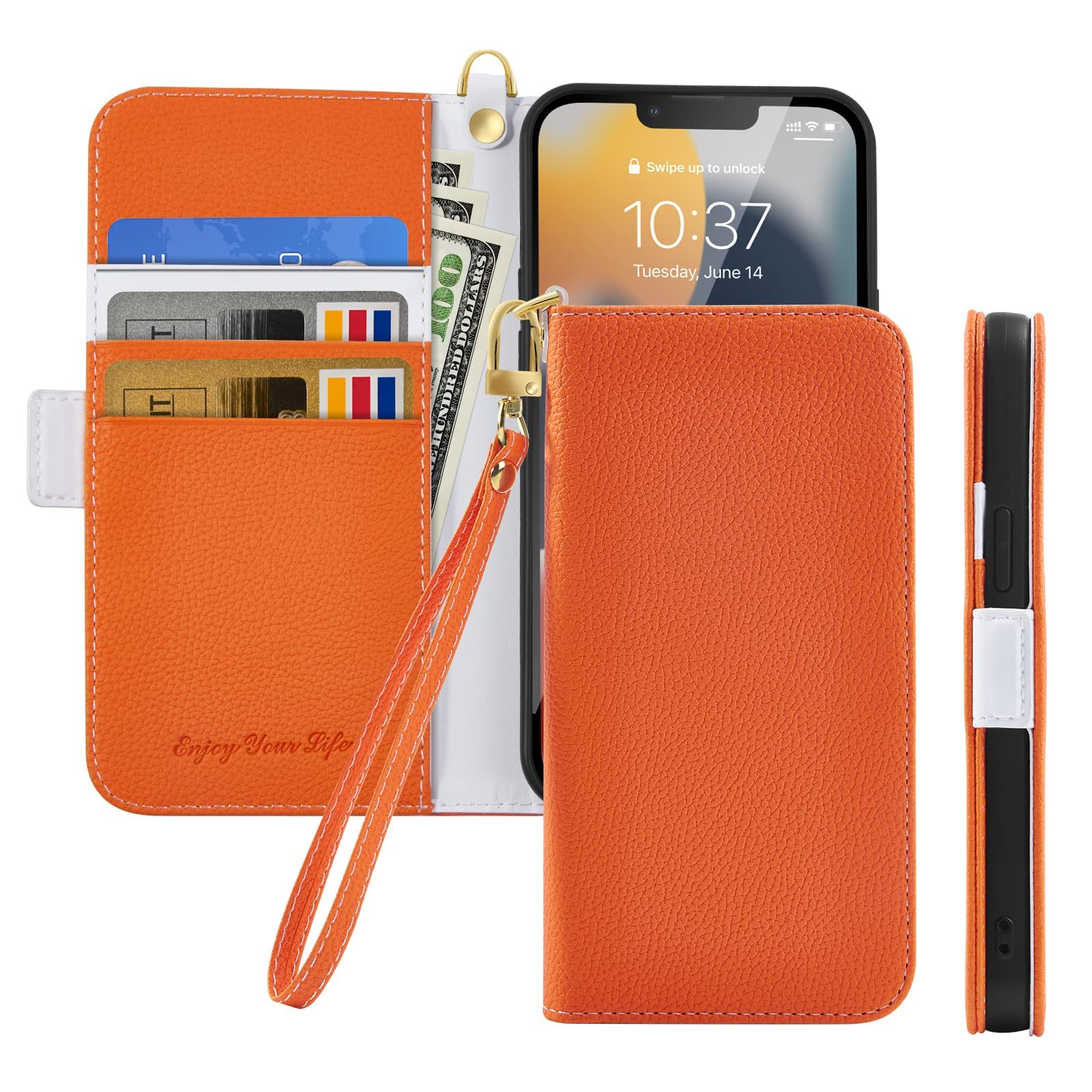 Tiyoo Flip Phone Case for Huawei P40 Lite, Premium Magnetic Wallet Case for Phone Protection, Lychee Pattern PU Leather with Card Slots & Wrist Strap,Shockproof Phone Cover for Huawei P40Lite, Orange