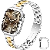 G-ficu Slim Metal Band for Apple Watch Bands for Women 41mm 40mm 38mm iWatch Bands, Stainless Steel Thin Dressy Cute Fancy Strap for Apple Watch Band Series 9 8 SE 7 6 5 4 3-Silver Gold