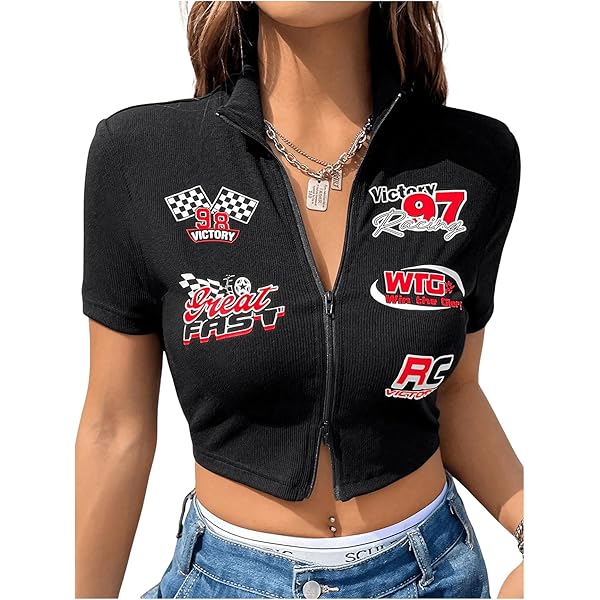 SOLY HUX Women's Short Sleeve T-Shirts Zip Up Racing Shirt Crop