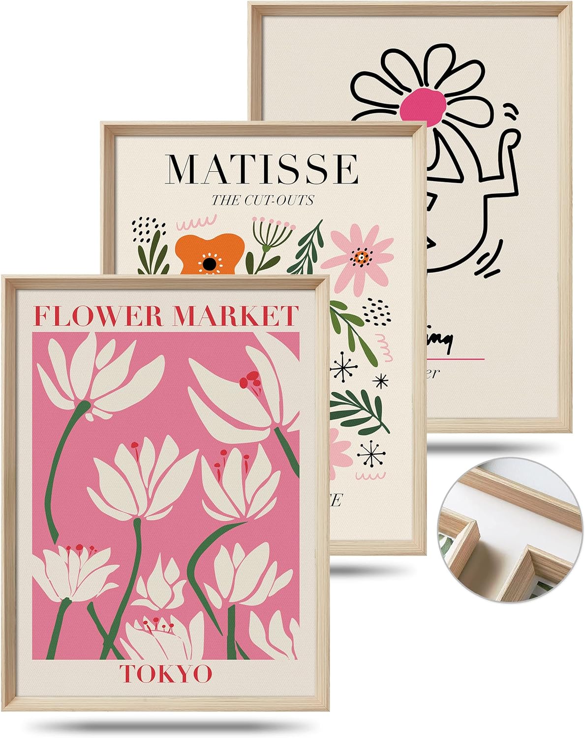 Wall Décor - UPWOIGH Framed Wall Art(No Plexiglass), Abstract Henri Matisse Canvas Wall Art, 12X16in Pink TOKYO Flower Market Wall Decor, Wood Minimalist Wall Art for Living Room,Set of 3