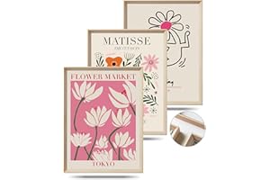 UPWOIGH Framed Wall Art, 12x16in Abstract Henri Matisse Canvas Wall Art, 12.00" x 16.00" Wood High Side Pink Flower Market Wall Decor, Minimalist Wall Art for Living Room,Set of 3