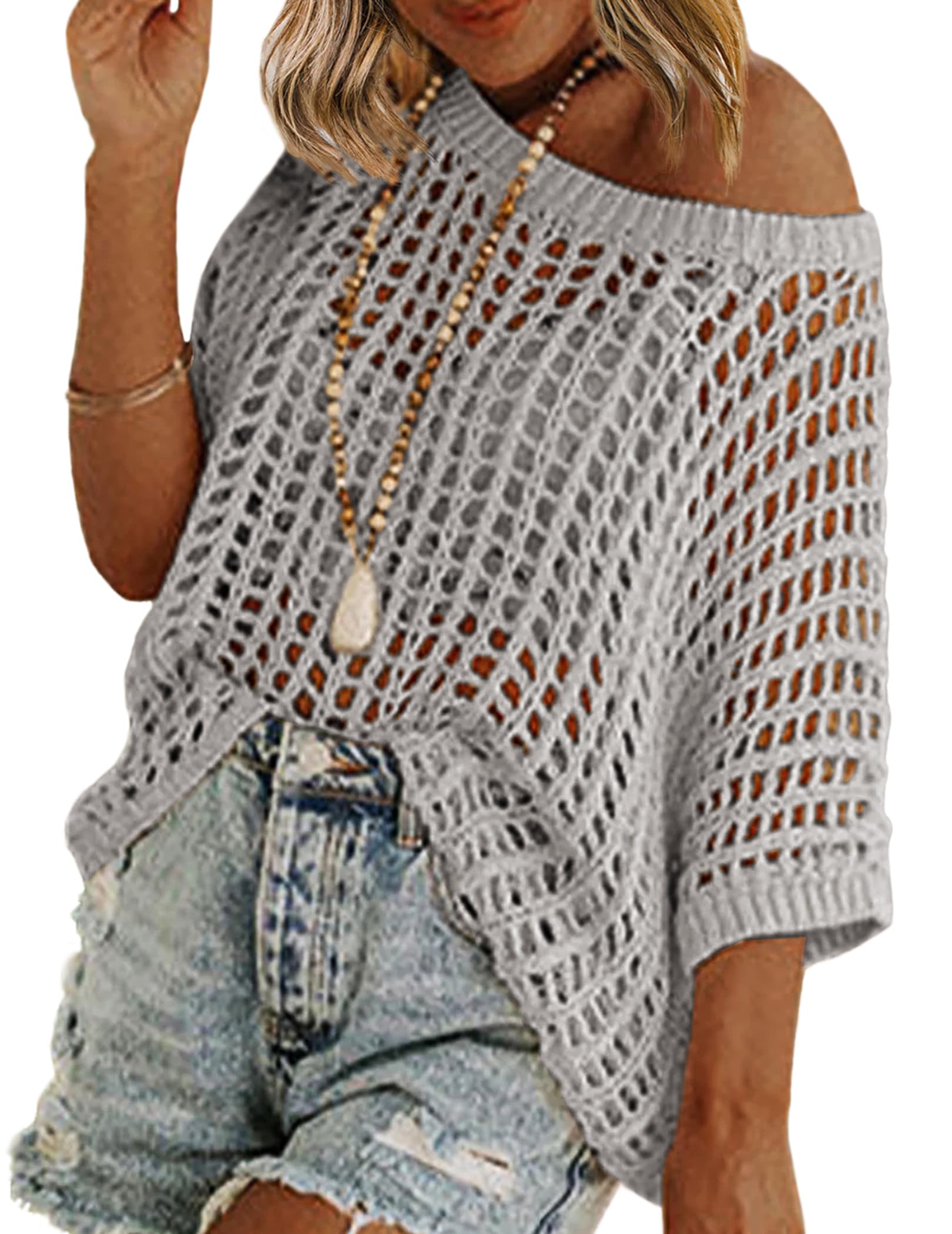 Photo 1 of ***(HEAVILY USED/ MINOR DAMAGE)***Zeagoo Spring Sweaters for Women Casual Short Sleeve Lightweight Crochet Pullover Sweater Tops Vacation Outfits