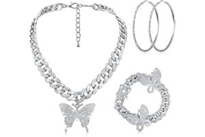 Hinly 3 Pieces Butterfly Cuban Jewelry Set Cuban Link Chain Necklace for Women Rhinestone Butterfly Pendant Necklace Rhinestone Butterfly Bracelet Large Hoop Earrings Bling Earrings