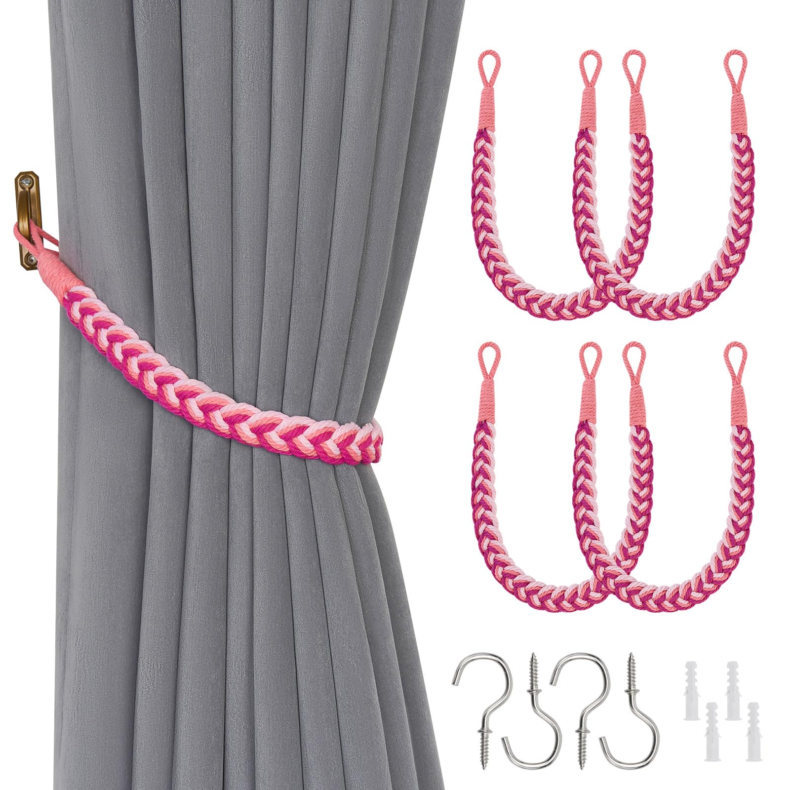 Pretty Jolly 4 Pack Natural Cotton Rope Curtain Tiebacks Elegant Boho Style Decorative Drape Tie Backs Soft Hand-Woven Rope Curtain Holdbacks with Metal Hook for Home Office Drapery (Gradient Red)