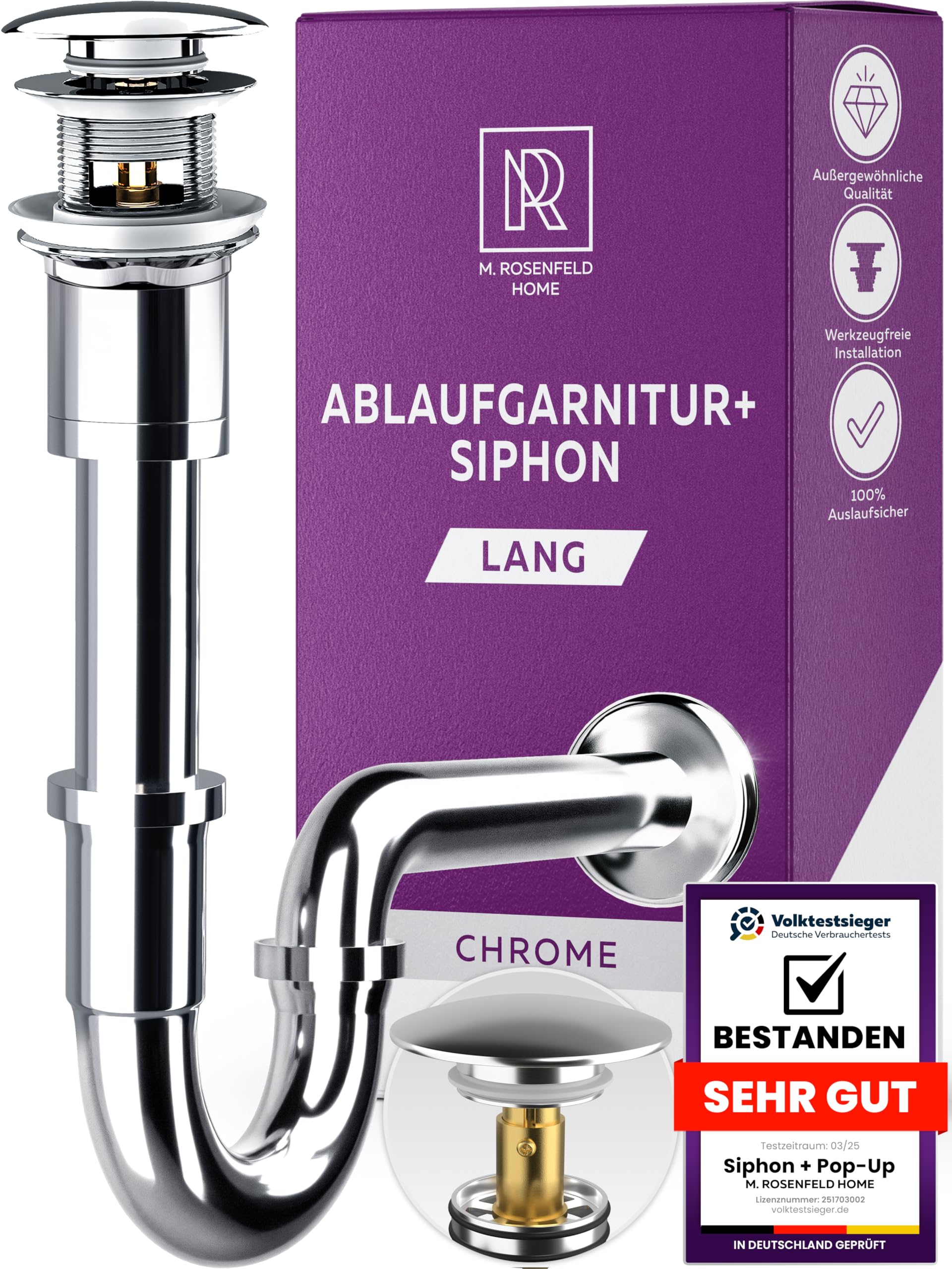Pipe Siphon Brass + Chrome Drain Fitting Pop Up Valve with Overflow + Aerator M24 Water Saver with Strainer + Everything Included: 4 Seals Easy to Assemble Height Adjustable
