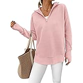 PRETTYGARDEN Womens Long Sleeve Quarter Zip Pullover Sweater Casual Loose V Neck Collared Ribbed Knit Jumper Tops Thumb Hole