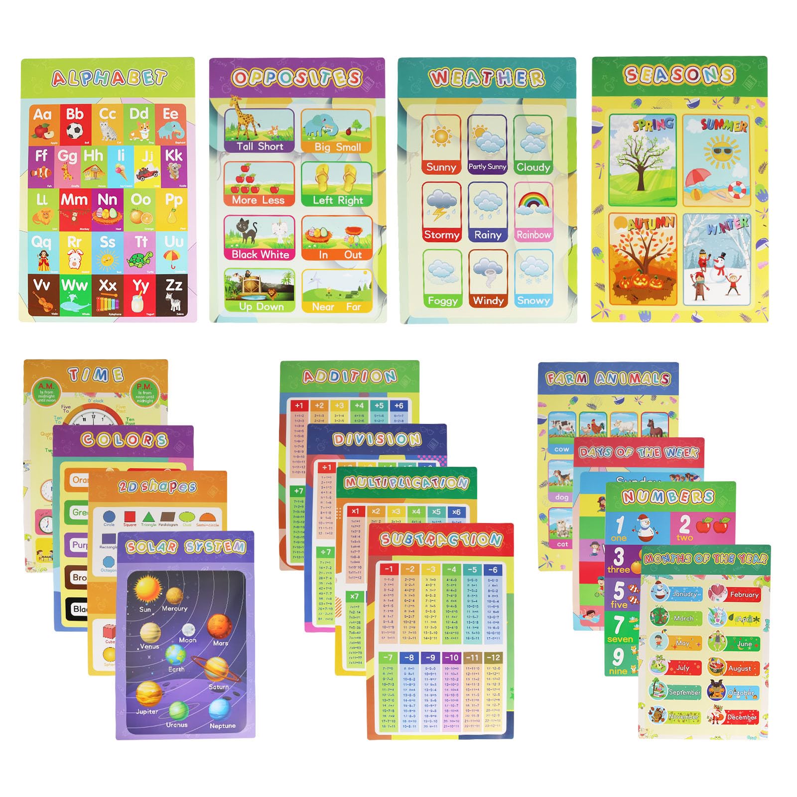Donmnemb 16 PCS Educational Posters for Toddlers, 16 x 11 ABC Charts Alphabet Poster, Learning Chart, Educational Charts for Classroom Kindergarten (Multi)