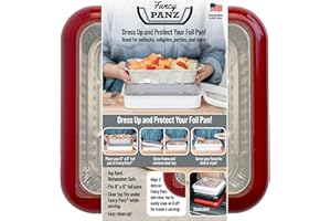 Fancy Panz, Serving Tray for Food, Made in the USA Foil Pan Carrier, Stackable Aluminum Pan Holders, 8x8 Travel Casserole Carrier With 1 Disposable Foil Pan & Serving Spoon, Red