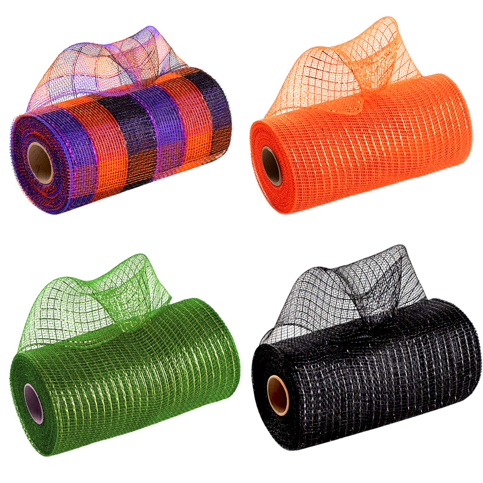 4 Rolls Halloween Deco Mesh Rolls for Wreath Making,6 Inch x 10 Yards Orange Purple Green Black Ribbons Plaid Mesh Metallic Foil Deco Poly Mesh Roll for Halloween Decoration Wreath Making Garland Bow