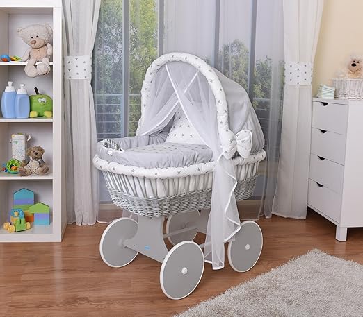 WALDIN Baby Stubenwagen-Set mit Ausstattung,XXL,Bollerwagen,komplett,44 Modelle wählbar,Gestell/Räder grau lackiert,Stoffe gr