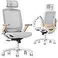 GABRYLLY Ergonomic Office Chair, High Back Home Desk Chair with Flip-Up Arms, Headrest, 90-120° Tilt and Wide Cushion, 400LBS White Mesh Chair for Work Gaming Study (GY01-NT, Woodgrain Pattern)