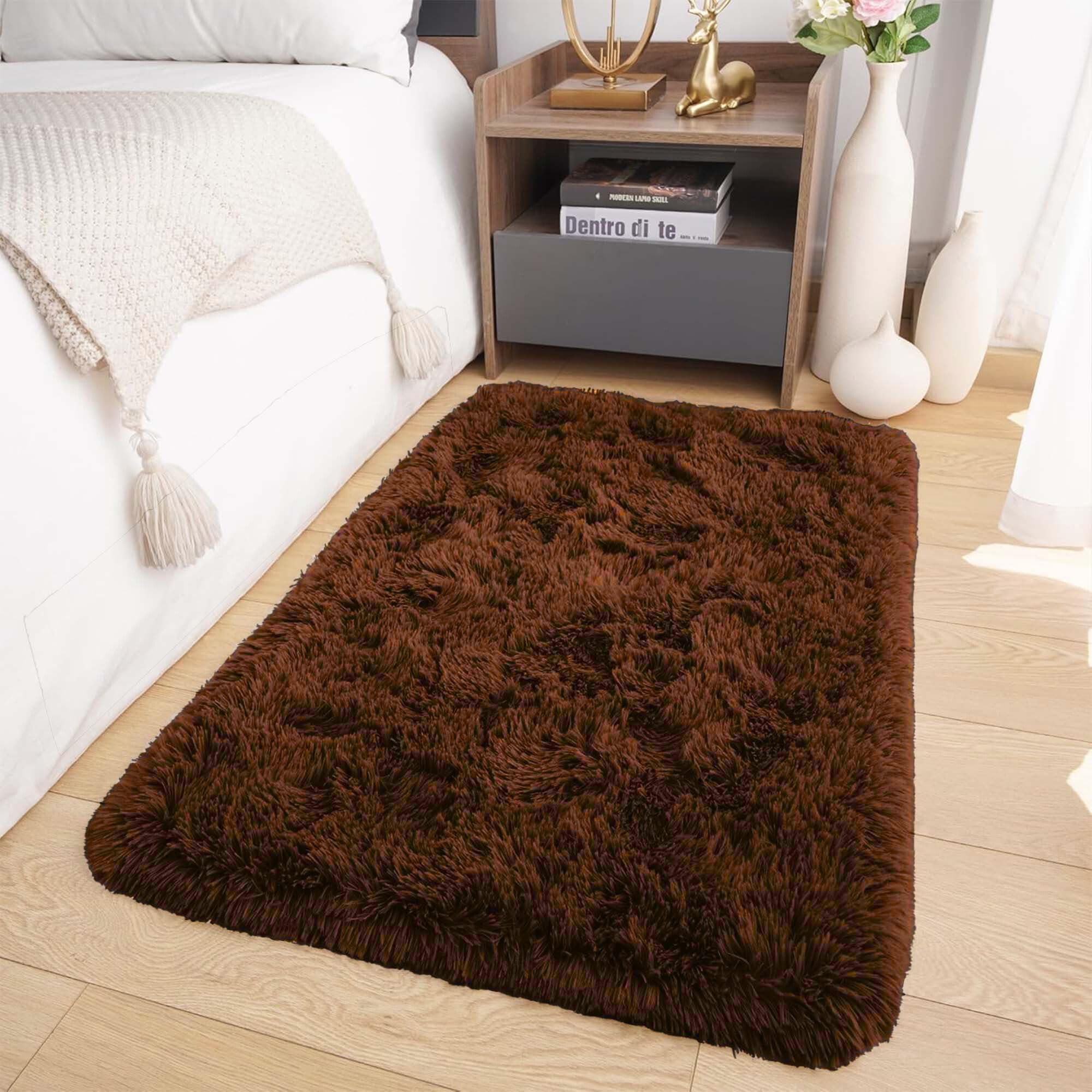 Oxford Homeware Rugs Living Room Small 50x80 cm – Fluffy Shaggy Brown Area Rugs for Bedroom, Lounge – Super Soft Non Slip Rug Washable Modern Floor Carpets Bedside Rug for Kids Room