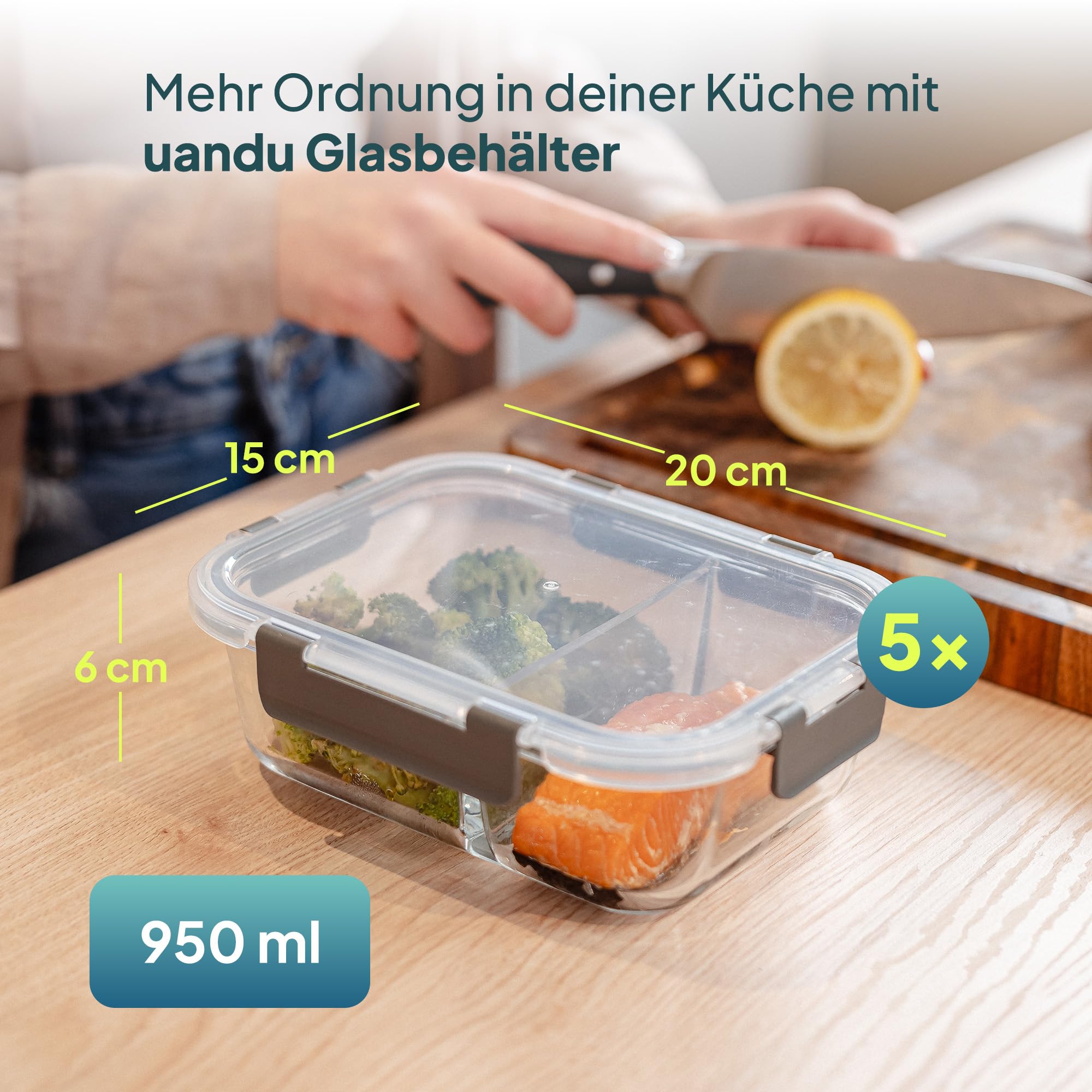 uandu Glasbehälter mit Deckel, 10- teilig, mit 2 Fächern, Borosilikatglas mit Deckel, Meal prep Gläser, Frischhaltedosen Glas mit Deckel, Glasdosen mit Deckel Set, Meal prep Boxen 5 Behälter+5 Deckel 2