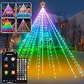 12Ft 478LEDs Outdoor Christmas Tree Waterfall Lights with Pole, Cascading Twinkle Light for Yard, Color Changing RGB, Smart App/Remote Control, Timer, Waterproof, Giant Outside Xmas Decor