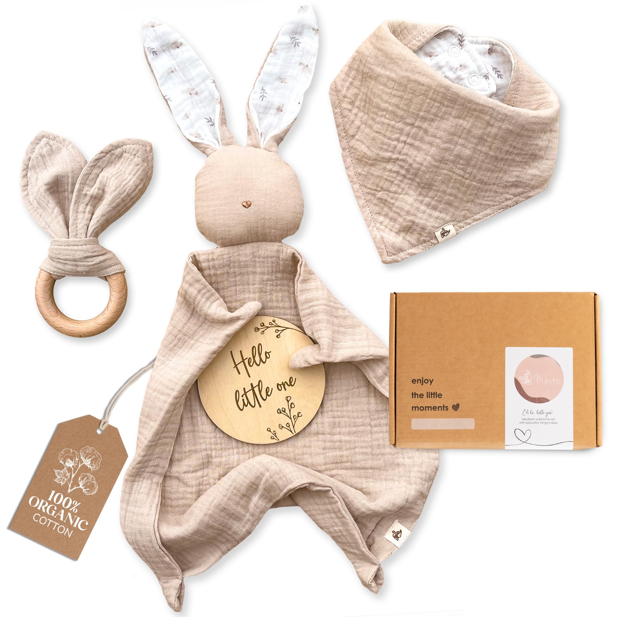 Mikito Baby Gift Set – Organic Newborn Essentials | 4-Piece Keepsake Set | Muslin Comforter, Wooden Teether, Bib & Birth Announcement Sign | Ideal for New Baby & First Time Mums