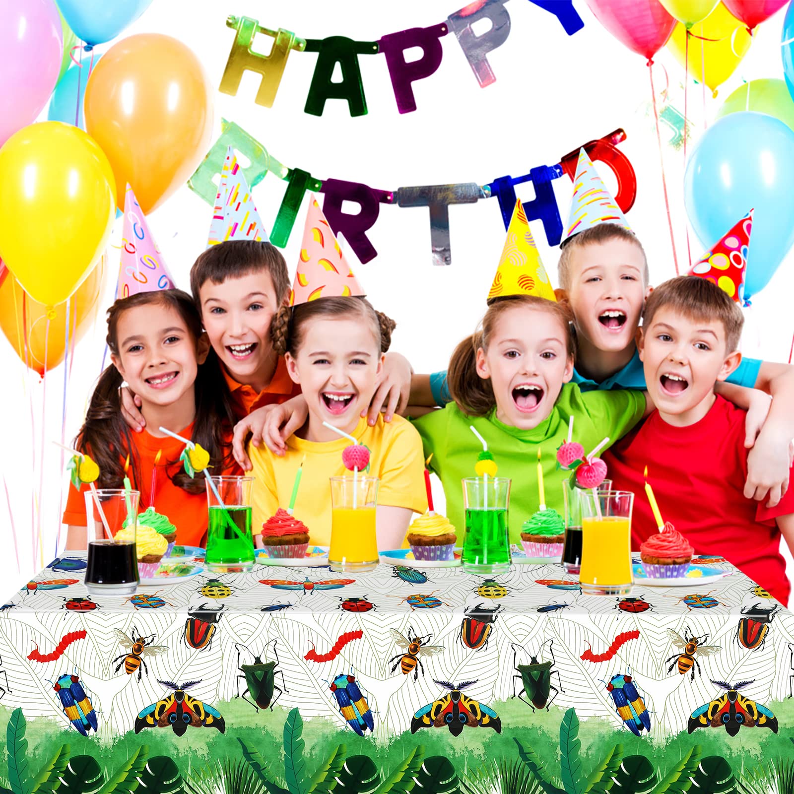PHOGARY Insect-Themed Party Tablecloth - 1 PCS Colorful Bug Party Table Cover for Birthday Party Decorations Creepy Crawly Plastic Table Cloths Reptile Funny Table Decor Bug Party Supplies, 51