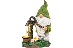 TERESA'S Collections Resin Garden Gnomes Decor with Solar Lights, Light Green Outdoor Decorations for Porch Patio, Gifts for Women and Men，Outdoor Garden Decor Ornaments for Outside, 9"