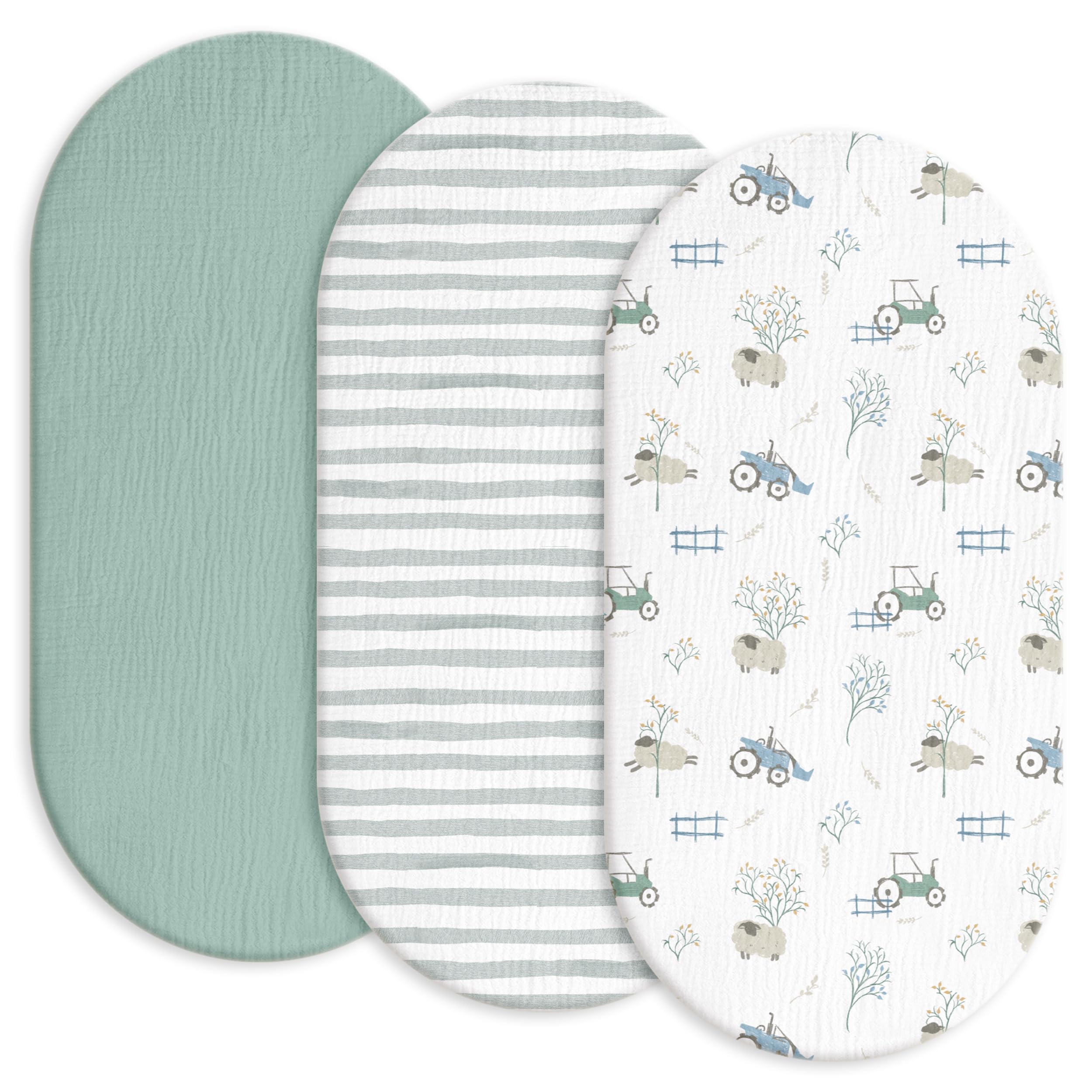 Photo 1 of Gllquen Baby Muslin Bassinet Sheets 3 Pack, Breathable Elastic Cozy Fitted Cotton Bassinet Mattress Sheet for Baby Boy Girls, Fit for Hourglass Oval Rectangular Cradle Pad Sheets 33"x17" (Car)