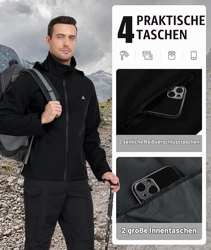 Softshelljacke Herren Wasserdichte Winddichte Atmungsaktive Funktionsjacke mit Kapuze Outdoor Softshell Jacke Herbst Winter Windbreaker für Wandern Fahrrad Camping Schwarz XL — Foto 5 von 6